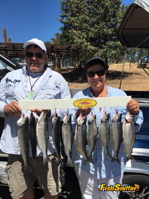 This couple had a great day catching these 9 kokanee salmon and one rainbow at Don Pedro on June 22 with Monte Smith.