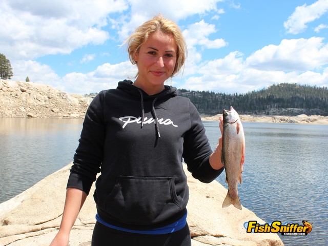 Bank fishing is also superb for the lake’s feisty rainbows, as this woman can attest.