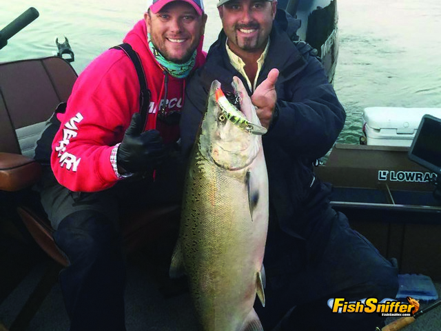 Scott Fiest and Aaron Zanocco are two of the state’s best salmon anglers. They teamed up to fool this monster Sacramento River king with a wrapped Flatfish. When the salmon are aggressive, it’s tough to beat the productivity and excitement of pulling plugs.