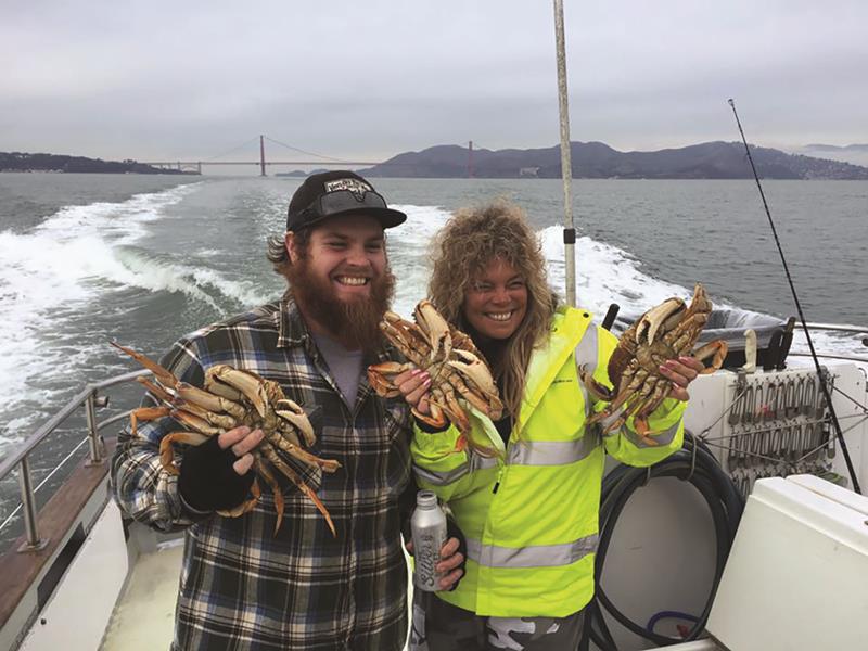 Moe Adams and her fishing partner headed out in search of Golden Gate crabs and scored full limits while fishing with the team aboard S.F.’s Bass Tub.