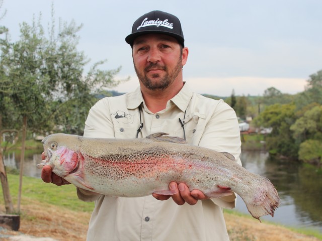 Jason Pandolfi shows off this 5.56 lb. rainbow trout that won him third place in the Lake Amador NTAC event.  