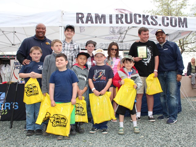 The winners in the Kids Division of the NTAC event at Lake Amador on March 18 pose with Sheldon Bright of the Fish Sniffer and Vince Harris of Angler’s Press.  