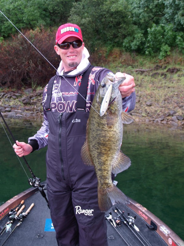 While jigging spoons are often the best bait to employ when fall bass are gobbling up baitfish, other reaction baits such as crankbaits and topwater lures work too. This robust smallmouth came out of the depths to smack a walking bait.